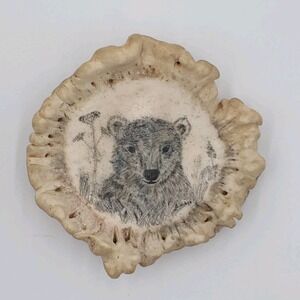 Vintage Scrimshaw Antler Burr Belt Buckle Bear Cub Artist Signed S. Wibley Rare